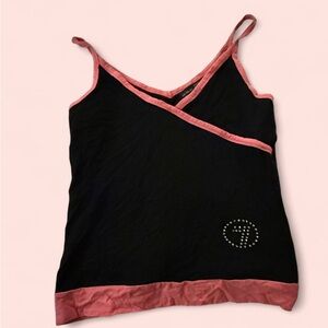 Women's Black and Pink Top with rhinestones Y2K